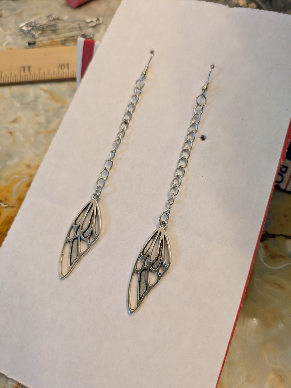 Silver Butterfly Wing Drop Chain Earrings